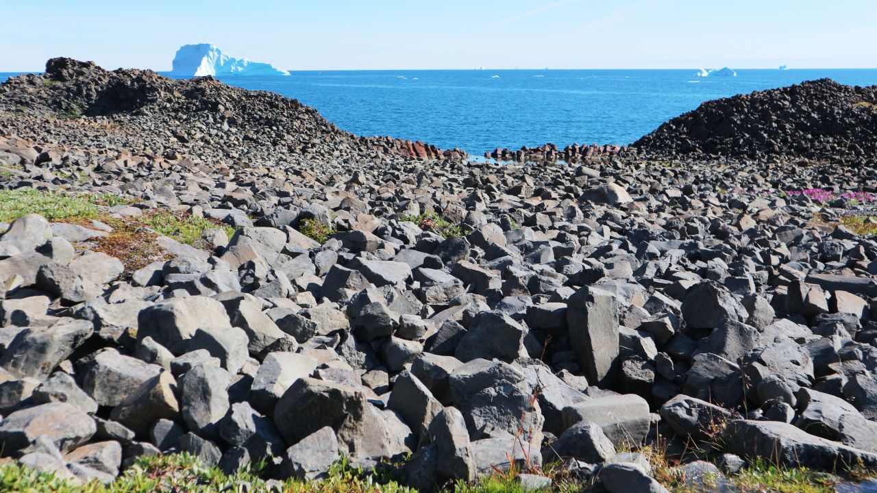 Icebergs are visible in the distance from the top of the basalt cliffs. 