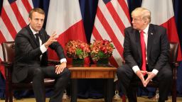 France's president Emmanuel Macron (L) meets with US President Donald Trump in New York on the sidelines of the 72nd session of the United Nations General Assembly on September 18, 2017. / AFP PHOTO / ludovic MARIN        (Photo credit should read LUDOVIC MARIN/AFP/Getty Images)