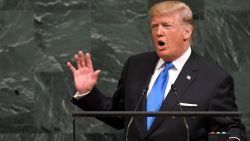 US President Donald Trump addresses the 72nd Annual UN General Assembly in New York on September 19, 2017. / AFP PHOTO / TIMOTHY A. CLARY        (Photo credit should read TIMOTHY A. CLARY/AFP/Getty Images)