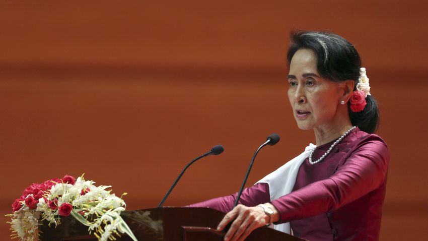 Myanmar's State Counsellor Aung San Suu Kyi delivers a televised speech to the nation at the Myanmar International Convention Center in Naypyitaw, Myanmar, Tuesday, Sept. 19, 2017. (AP Photo/Aung Shine Oo)