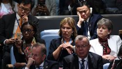 Chinese businessman Jack Ma (top-R) and others listen to US President Donald Trump addressing the 72nd session of the United Nations General Assembly in New York on September 19, 2017. / AFP PHOTO / Jewel SAMAD (Photo credit should read JEWEL SAMAD/AFP/Getty Images)
