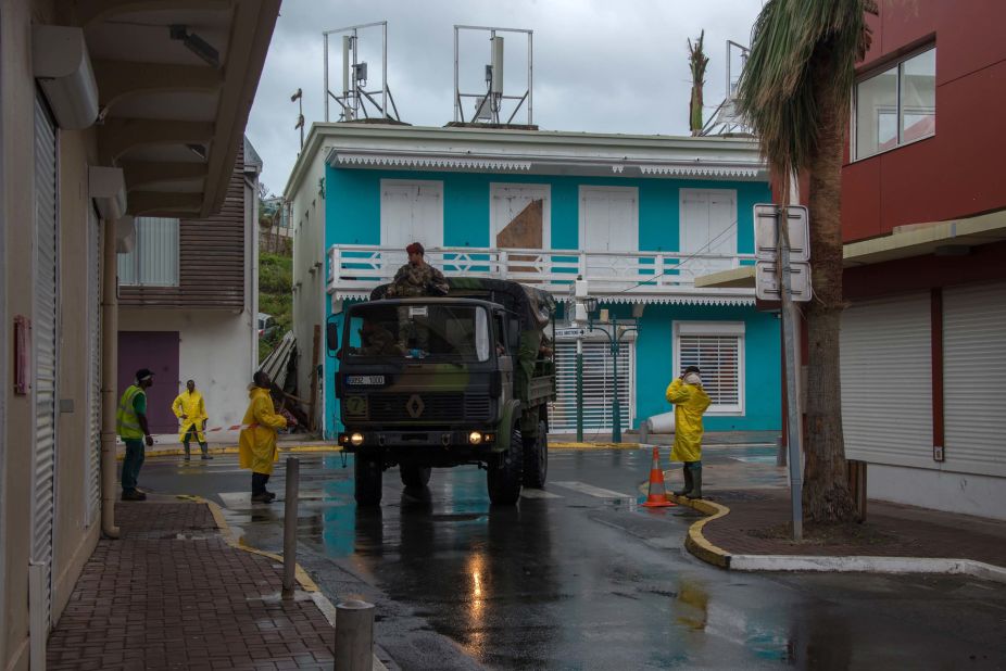 Soldiers patrol a street in Marigot, St. Martin, as preparations were made for Maria on September 19.
