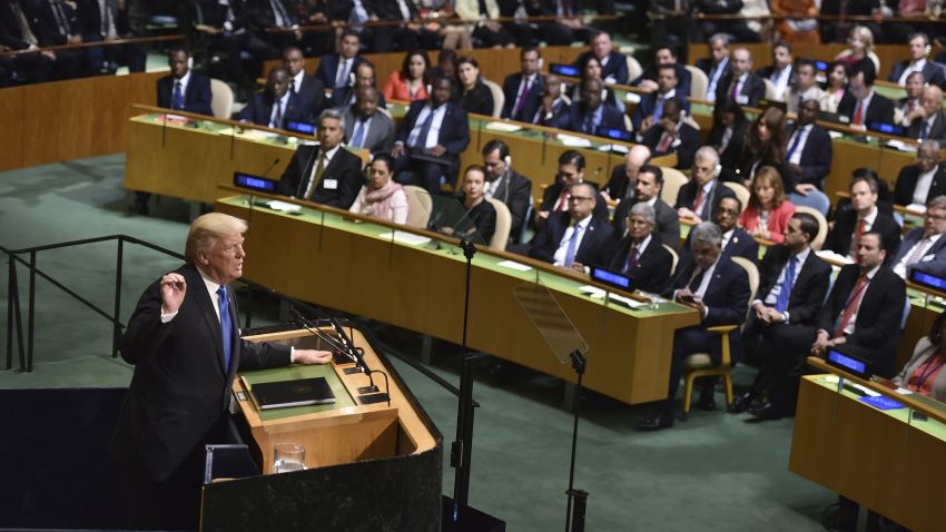 United States President Donald Trump addresses the United Nations General Assembly, in New York, on September 19, 2017. (Photo by Anthony Behar/Sipa USA)(Sipa via AP Images)