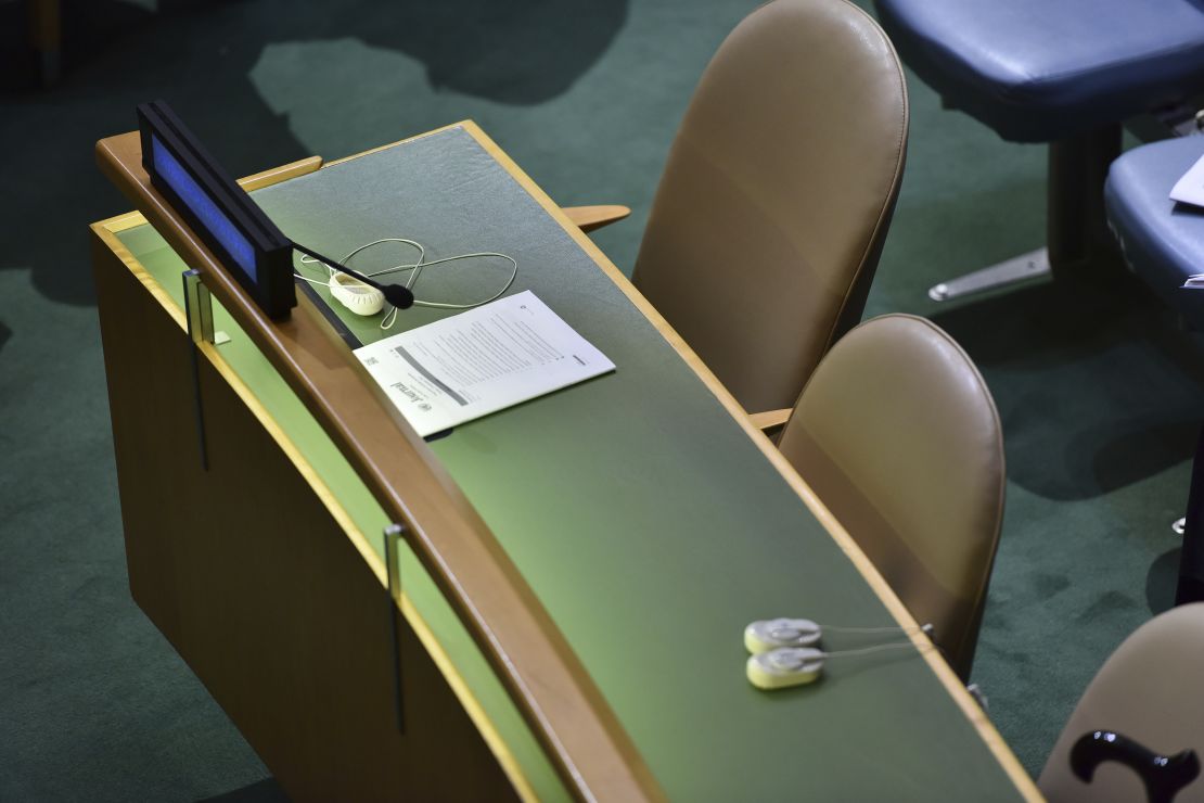 Two empty chairs of the Democratic People's Republic of Korea as President Trump addressed the United Nations General Assembly.