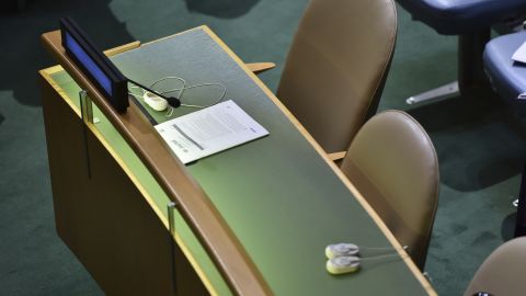 Two empty chairs of the Democratic People's Republic of Korea as President Trump addressed the United Nations General Assembly.
