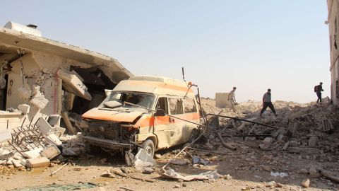 An ambulance damaged in an airstrike on Al-Tah.