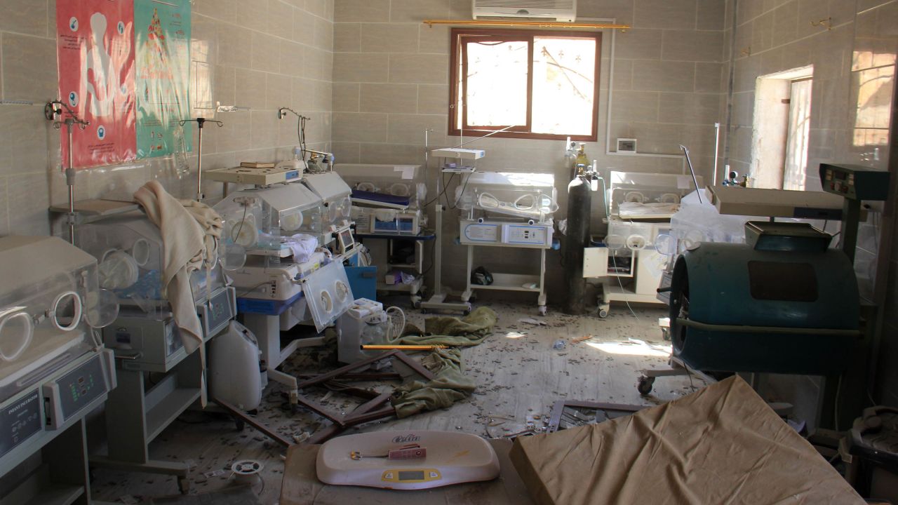 Baby incubators were covered in rubble and debris following an airstrike on the village of Al-Tah, in the northwestern Syrian province of Idlib. 