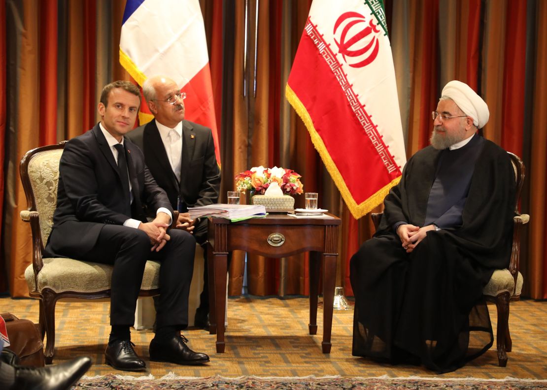 France's President Emmanuel Macron meets with his Iranian counterpart Hassan Rouhani in New York on September 18, 2017, as world leaders gathered in the United States for the UN General Assembly.