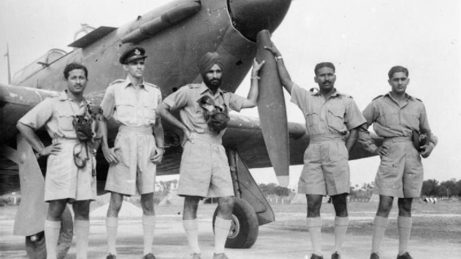 Undated archive photo circa 1942 shows Arjan Singh (center) with pilots of the No.1 Indian Air Force Squadron.