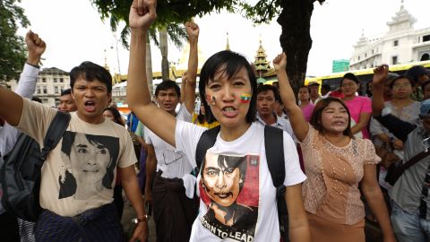 Travel agent Phyu Wint Ye, center, joins other supporters of Aung San Suu Kyi in downtown Yangon.