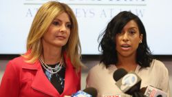 WOODLAND HILLS, CA - SEPTEMBER 20:  Lisa Bloom (L), lawyer for Montia Sabbag, speaks regarding the alleged attack on her client's character after accusations that Sabbag attempted to extort comedian Kevin Hart during a press conference held at The Bloom Firm September 20, 2017 in Woodland Hills, California.  The scandal stems from a provocative video taken in Las Vegas last month where both Hart and Sabbag are seen.  (Photo by Frederick M. Brown/Getty Images)