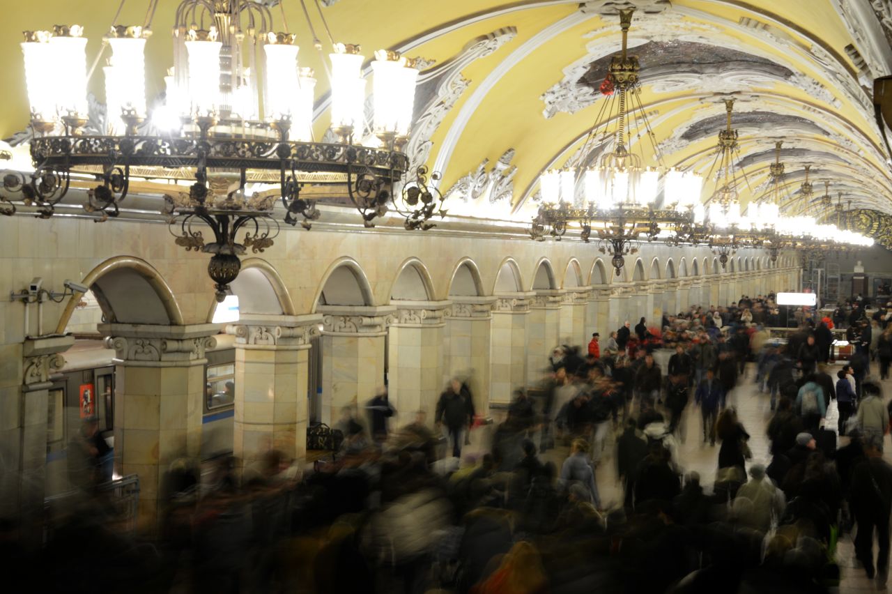 The ornate interior of Komsomolskaya Metro Station on the Koltsevaya Line of the Moscow subway. The station was opened in 1952. 