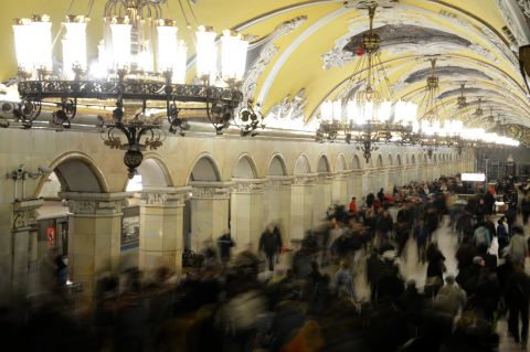 The ornate interior of Komsomolskaya Metro Station on the Koltsevaya Line of the Moscow subway. The station was opened in 1952. 
