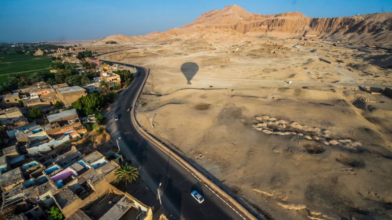 <strong>Luxor, Egypt: </strong>The Mortuary Temple of Hatshepsut (top right) and the Ramesseum temple are seen from a hot-air balloon over the southern Egyptian town of Luxor. <br />