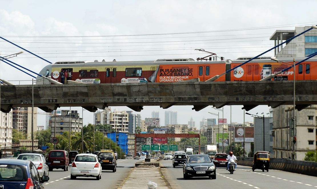 A Metro train travels between Varsova and Ghatkopar stations in Mumbai.  