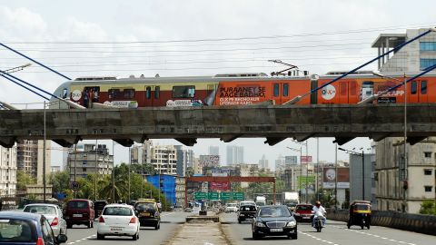 A Metro train travels between Varsova and Ghatkopar stations in Mumbai.  