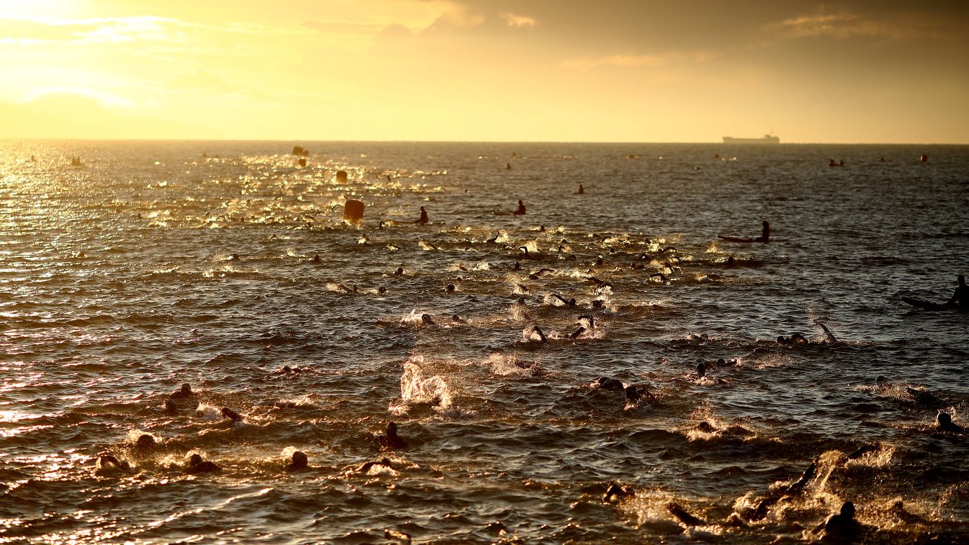 <strong>Weymouth, UK:</strong> Participants compete in the IRONMAN 70.3 Weymouth race in Dorset, England, on September 17. 