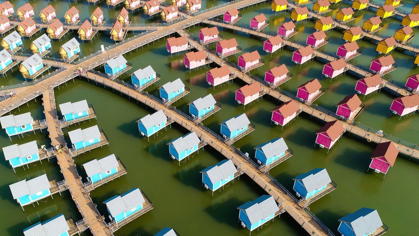 <strong>Laoting, China: </strong>An aerial view of the Dutch-style overwater cabins at the Yue Tuo Island Resort in northeast China. 