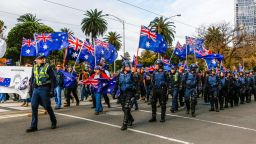 MELBOURNE, AUSTRALIA - JUNE 25 : Police patrol as members of the right wing nationalists 'True Blue Crew' march during a protest organised by the anti-Islam True Blue Crew supported by the United Patriots Front, in Melbourne, Australia on June 25, 2017. (Photo by Asanka Brendon Ratnayake/Anadolu Agency/Getty Images)