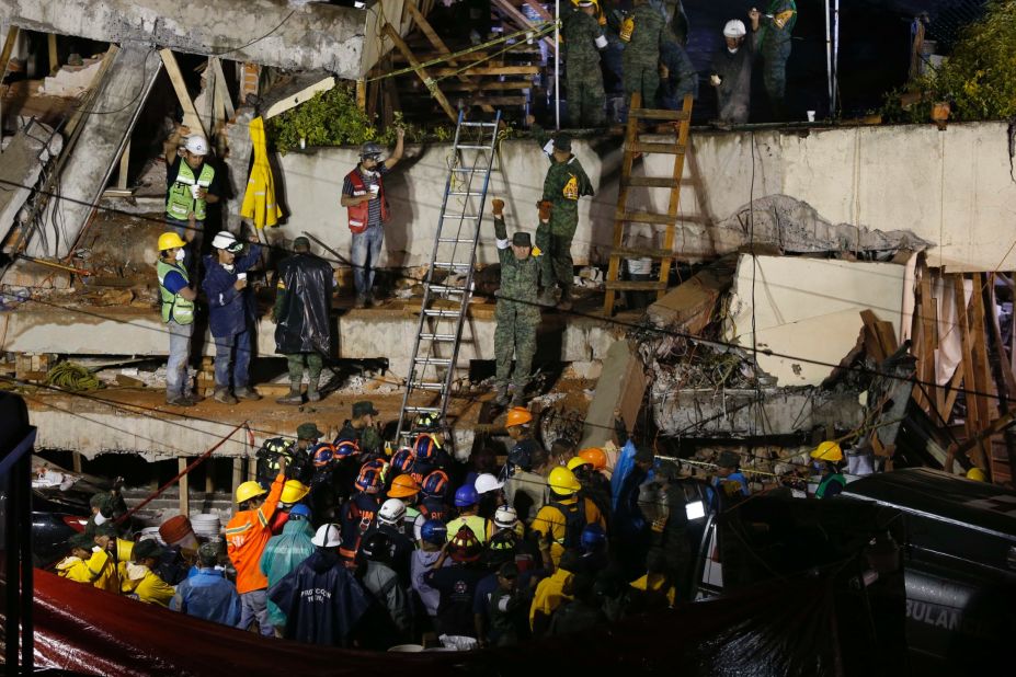 Rescuers in Mexico City work to save a child <a href="http://www.cnn.com/2017/09/20/americas/mexico-city-girl-trapped-school/index.html" target="_blank">trapped inside the Enrique Rebsamen elementary school </a>on September 20. Rescue workers said they believed they'd made contact with a girl trapped in the rubble at the school. But by the next afternoon, navy official Angel Enrique Sarmiento said all the school's children had been accounted for and there was no student in the rubble. <a href="http://www.cnn.com/2017/09/21/americas/mexico-earthquake/index.html" target="_blank">He apologized</a> for the confusion.