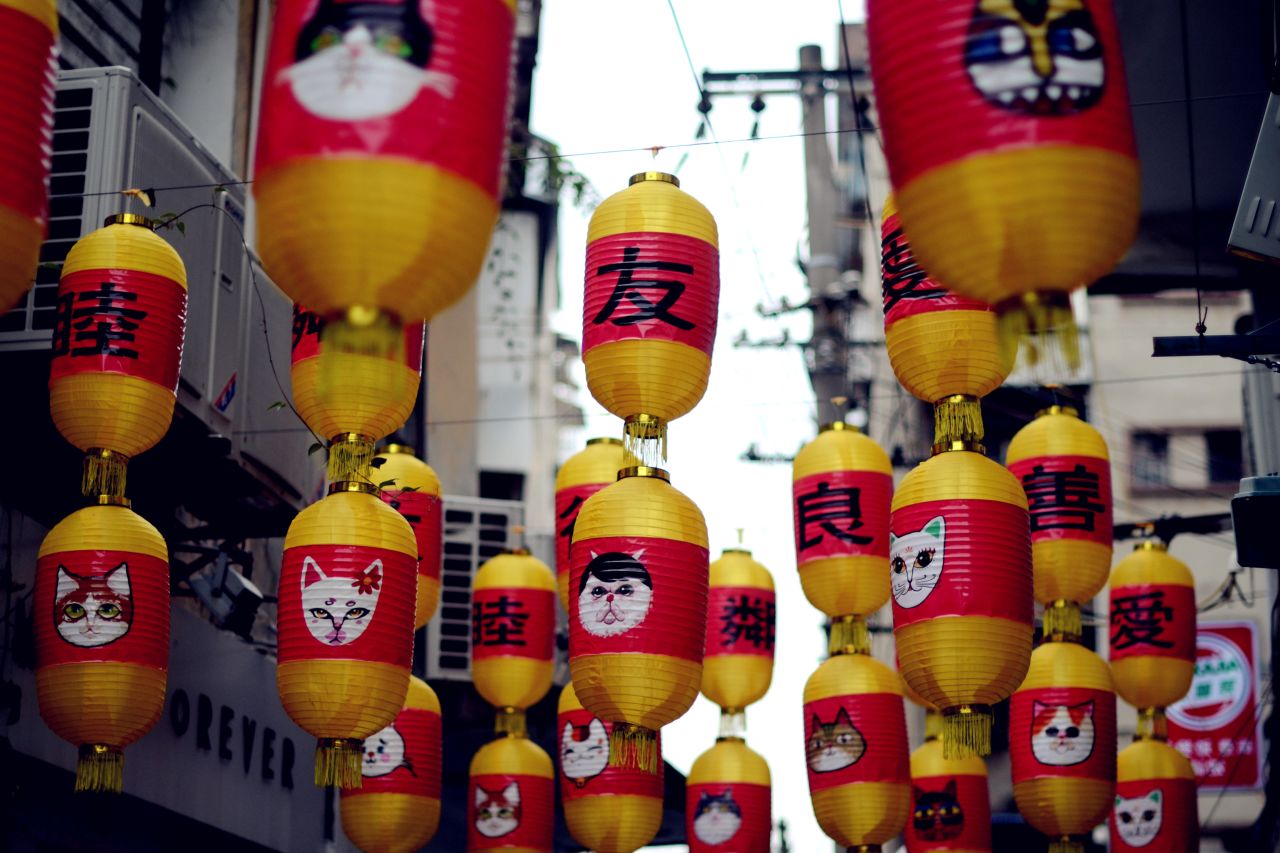 <strong>Meow Mix:</strong> Traditional Han-style lanterns hang overhead on Xiamen's Ding'aozai Cat Street. Each cat-themed lantern features a Chinese character representing a good quality or wish. 