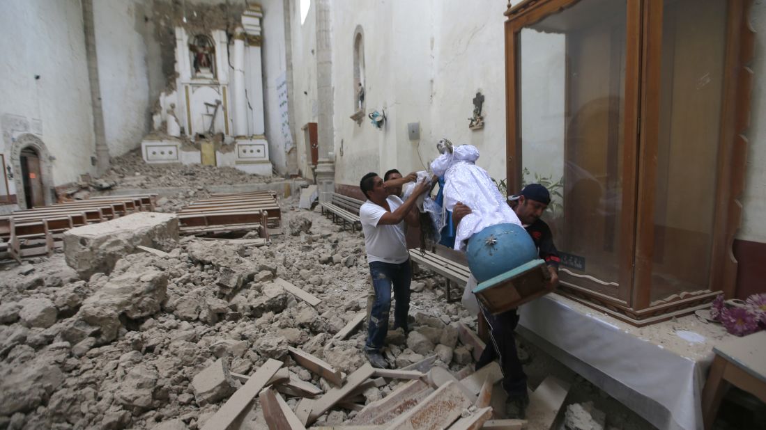 A religious statue is salvaged from a former convent that was heavily damaged in Tlayacapan, Mexico. This was the second earthquake to hit Mexico in two weeks. A magnitude 8.1 quake <a href="http://www.cnn.com/2017/09/08/americas/gallery/mexico-earthquake-2017/index.html" target="_blank">struck off the country's southern coast</a> on September 8.