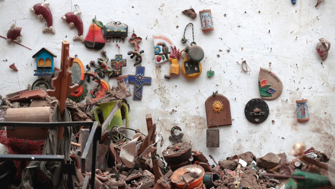 A wall is damaged at a home in Tlayacapan on Wednesday, September 20.