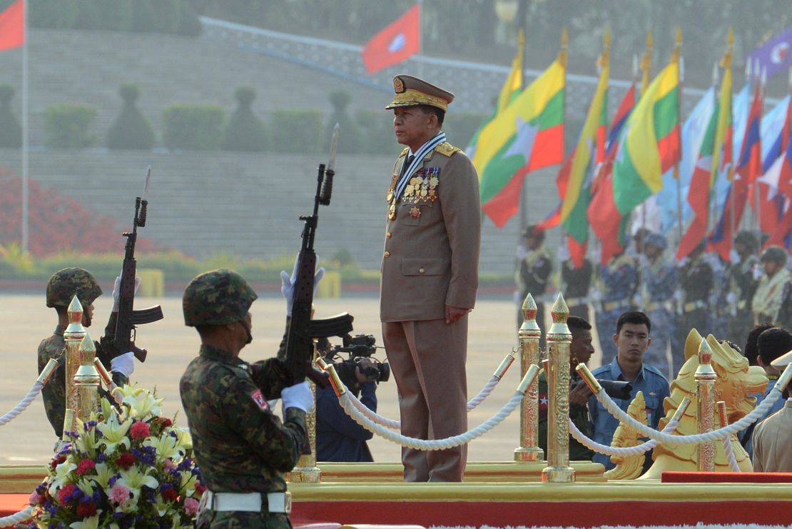 Days before Aung San Suu Kyi's government took office in March 2016, honor guards raised their bayonet mounted rifles in salute to Sen. General Min Aung Hlaing, commander-in-chief of the Myanmar armed forces, during a ceremony to mark the 71st Armed Forces Day.