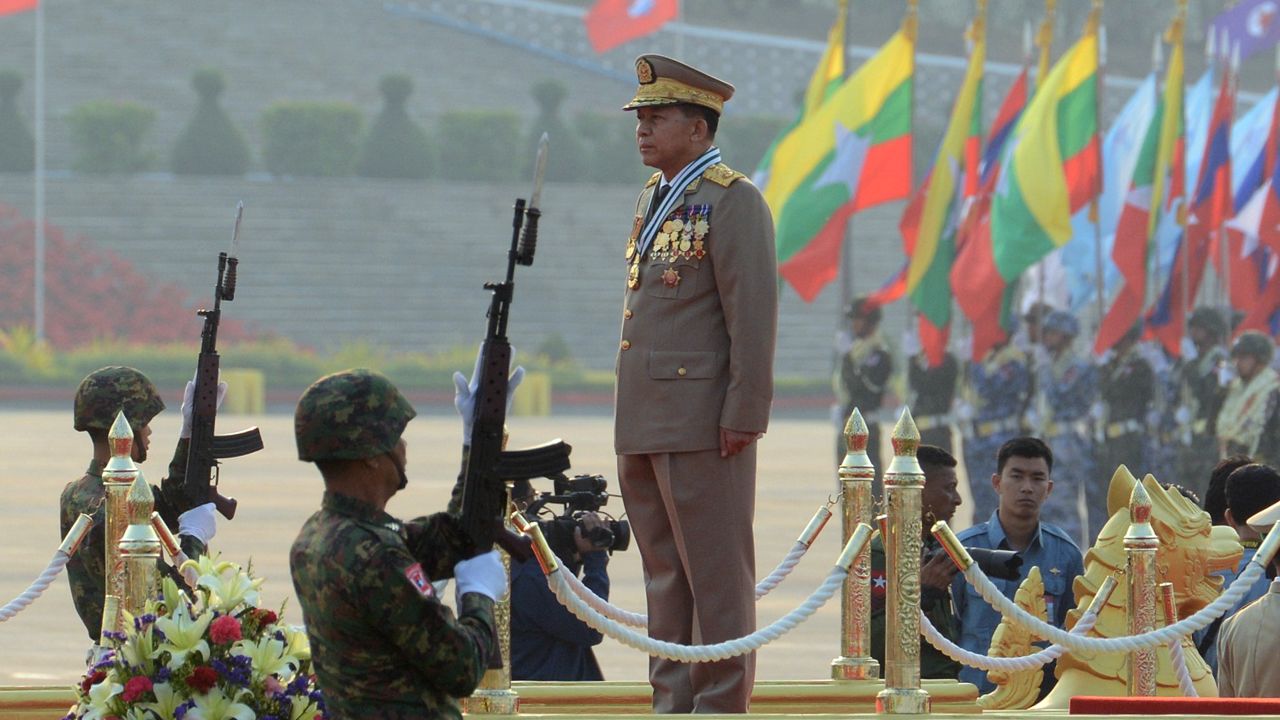Days before Aung San Suu Kyi's government took office in March 2016, honor guards raised their bayonet mounted rifles in salute to Sen. General Min Aung Hlaing, commander-in-chief of the Myanmar armed forces, during a ceremony to mark the 71st Armed Forces Day.