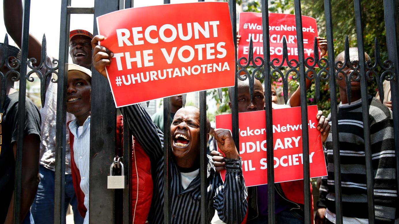 Supporters of Kenyan President Uhuru Kenyatta demonstrate outside the Supreme Court in Nairobi on Tuesday, September 19. Earlier this month, the court <a href="http://www.cnn.com/2017/09/20/africa/kenya-election-supreme-court/index.html" target="_blank">invalidated the results</a> of the country's latest presidential election. Kenyatta won the election over veteran opposition candidate Raila Odinga, but the court upheld a petition by Odinga that claimed Kenyatta's re-election was fraudulent. <a href="http://www.cnn.com/2017/09/04/africa/kenya-presidential-election/index.html" target="_blank">A new election</a> was set for October 17.