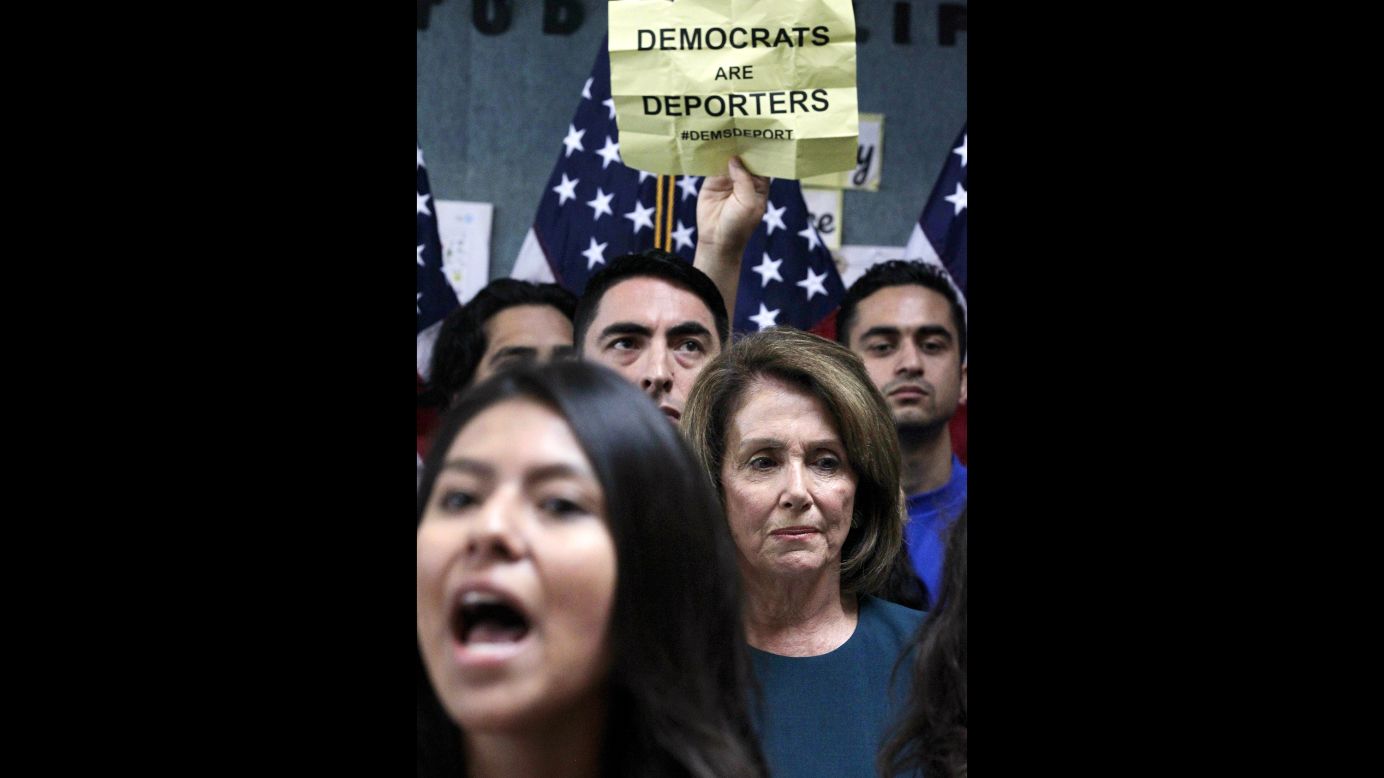 House Minority Leader Nancy Pelosi is <a href="http://www.cnn.com/2017/09/18/politics/nancy-pelosi-dream-act-event/index.html" target="_blank">interrupted by a group of protesters</a> while speaking in San Francisco on Monday, September 18. The demonstrators took issue with Pelosi <a href="http://www.cnn.com/2017/09/13/politics/chuck-schumer-nancy-pelosi-donald-trump/index.html" target="_blank">trying to strike a deal</a> with US President Donald Trump over the Deferred Action for Childhood Arrivals program. DACA has allowed many children of undocumented immigrants to live, work and study in the United States without fear of being deported. Trump said DACA was constitutional overreach by the Obama administration.