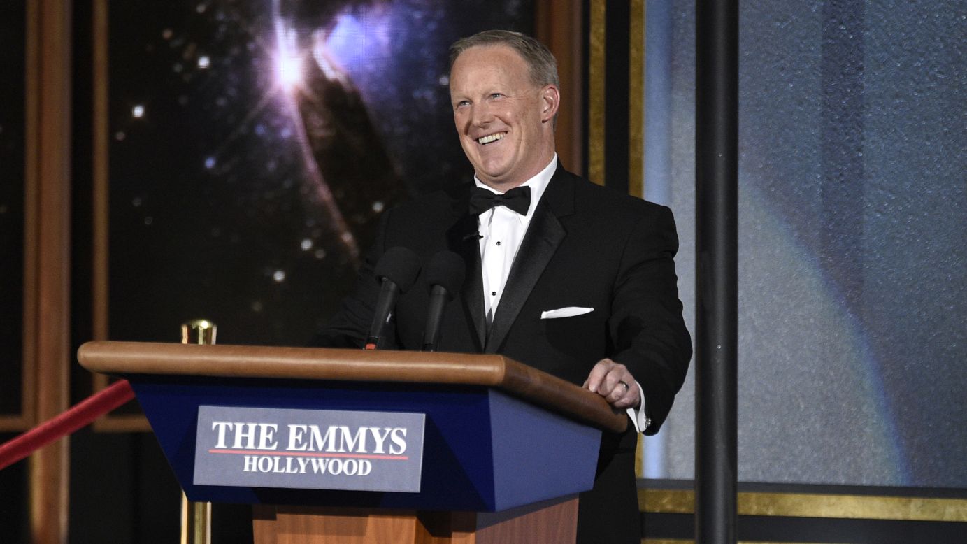 Former White House press secretary Sean Spicer <a href="http://www.cnn.com/2017/09/17/entertainment/sean-spicer-emmys/index.html" target="_blank">makes a surprise cameo</a> at the Emmy Awards on Sunday, September 17. He showed up at the end of Stephen Colbert's opening monologue for a bit that appeared to mock Spicer's defense of Donald Trump's inauguration attendance. "This will be the largest audience to witness the Emmys, period -- both in person and around the world," Spicer said from a podium.