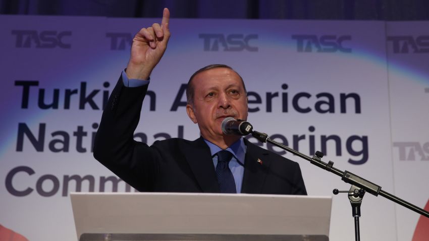 NEW YORK, USA - SEPTEMBER 21: President of Turkey, Recep Tayyip Erdogan gives a speech during an intercultural event named "Gathering with Turkish-American and American Muslim Community" that hosted by the Turkish American National Steering Committee (TASC), at the New York Marriott Marquis hotel in New York, NY, United States on September 21, 2017. Turkish President Erdogan attended the 72nd session of the United Nations General Assembly as well as held a number of varied meetings within his trip on USA. (Photo by Turkish Presidency / Yasin Bulbul/Anadolu Agency/Getty Images)