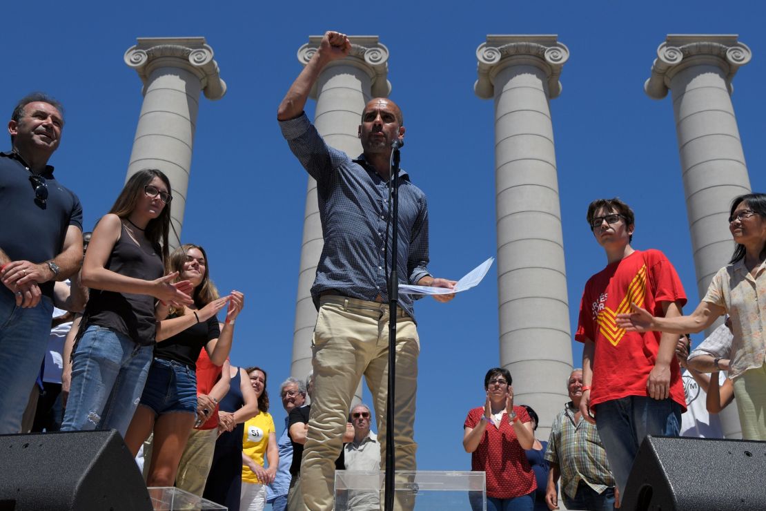 Football manager Pep Guardiola at a pro-independence demonstration in Barcelona on June 11.