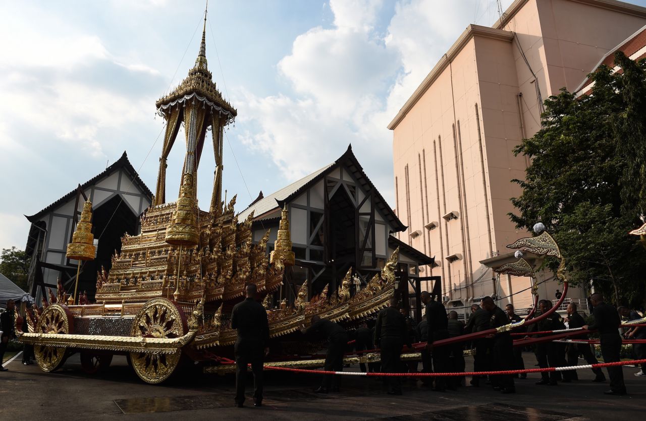 <strong>Royal chariots and palanquins: </strong>This is one of the royal chariots, which will be used during the cremation ceremony. A ceremony was held last month to bless the chariot.