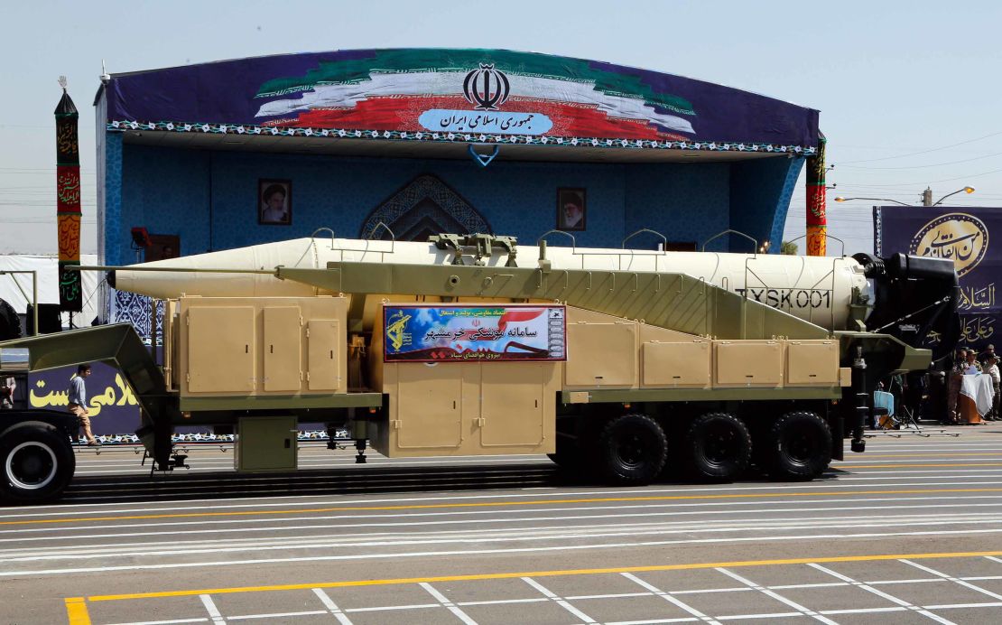 The new Iranian long-range missile Khorramshahr is displayed during a military parade Friday in Tehran.