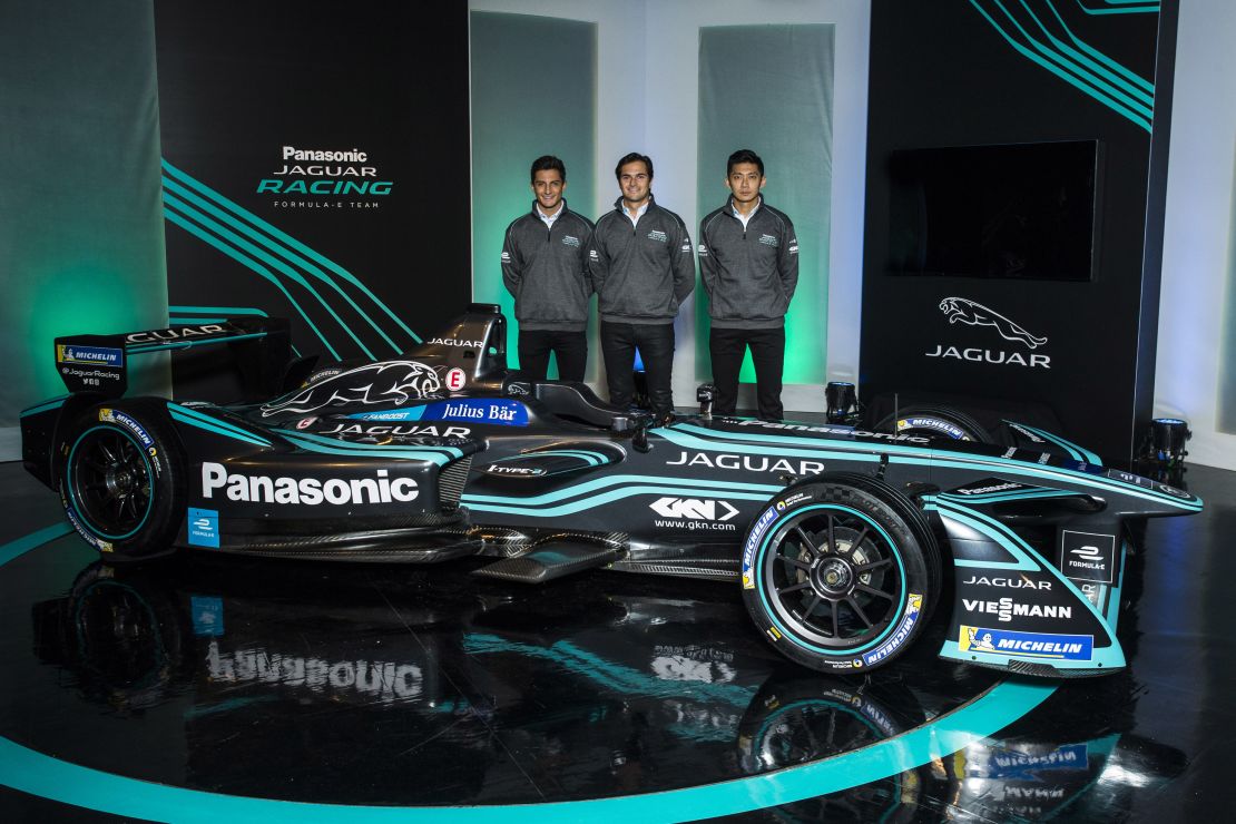 Mitch Evans (left), Piquet Jr and Ho-Pin Tung (reserve driver) pose with Jaguar's new ITYPE2 car 