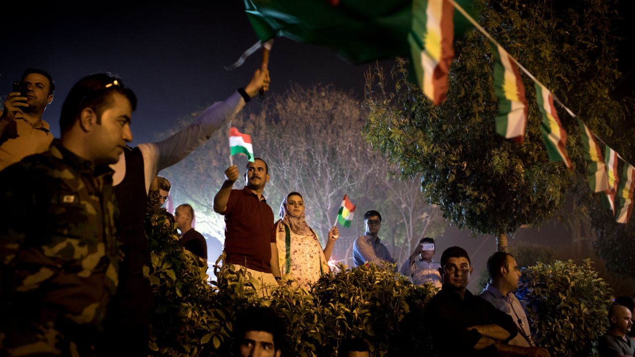Kurdish people show their support for the upcoming referendum in Irbil on Thursday.