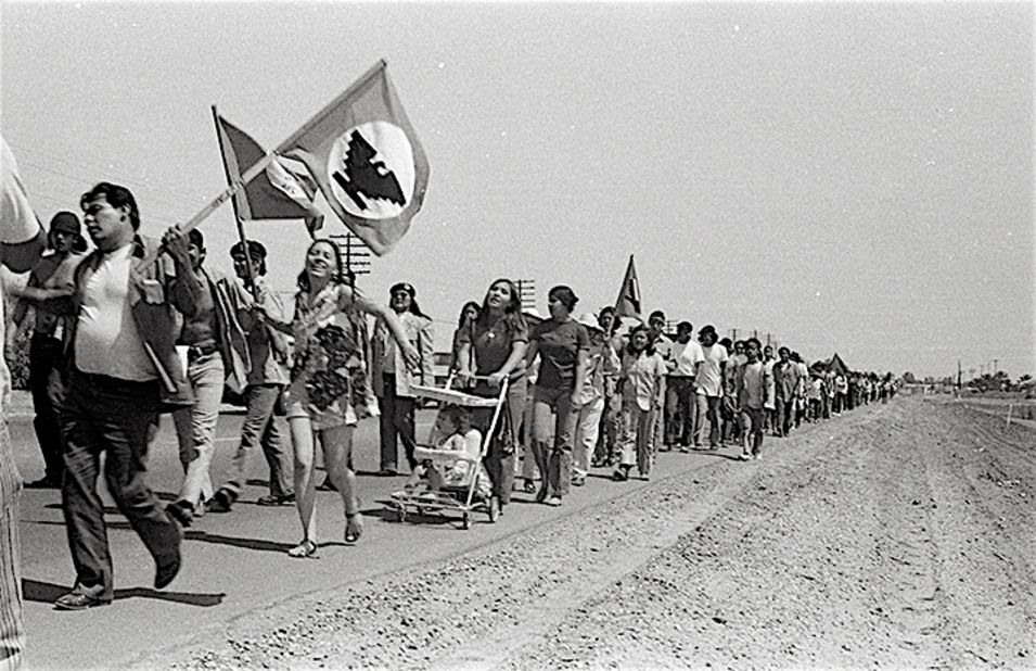 Demonstrators at 1971's La Marcha de la Reconquista, a 1000-mile march for Chicano rights from Calexico to Sacramento, California. 