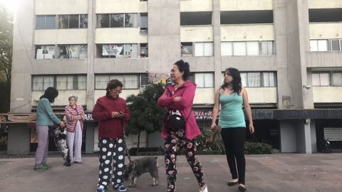 People evacuate buildings in Mexico City's Tlatelolco area after a seismic alert sounded Saturday.