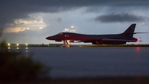 A U.S. Air Force B-1B Lancer deployed from Ellsworth Air Force Base, South Dakota, prepares to take off from Andersen AFB, Guam, Sept. 23, 2017. 