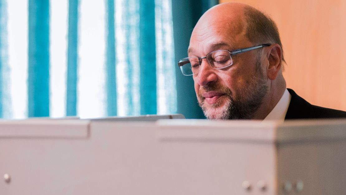 Martin Schulz, top candidate and chairman of the Social Democratic Party, casts his vote in the German election in Wuerselen, Germany, on Sunday.