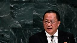 North Korea's Foreign Minister Ri Yong Ho, wearing a pin with images of North Korean leader Kim Jong-Un and his late father Kim Kim Jong-il, addresses the 72nd session of the United Nations General assembly at the UN headquarters in New York on September 23, 2017.   / AFP PHOTO / Jewel SAMAD        (Photo credit should read JEWEL SAMAD/AFP/Getty Images)