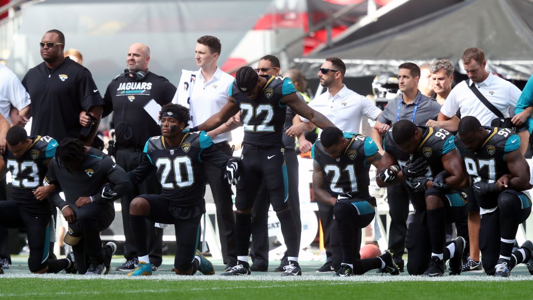 Jacksonville Jaguars players kneel during the National Anthem before the NFL International Series match at Wembley Stadium, London.