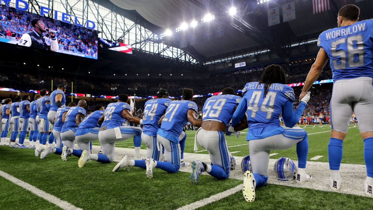 DETROIT, MI - SEPTEMBER 24: Members of  the Detroit Lions take a knee during the playing of the national anthem prior to the start of the game against the Atlanta Falcons at Ford Field on September 24, 2017 in Detroit, Michigan. (Photo by Rey Del Rio/Getty Images)