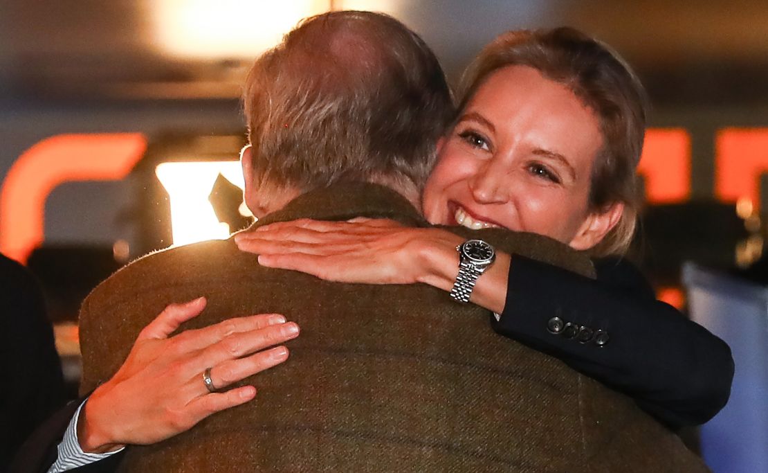  Alice Weidel and Alexander Gauland, co-lead candidates of the Alternative for Germany (AfD) celebrate after the announcement of the initial results of the federal election on September 24