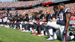 Members of the New England Patriots kneel during the National Anthem before a game against the Houston Texans at Gillette Stadium on September 24, 2017 in Foxboro, Massachusetts.