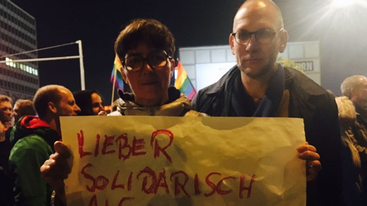 Couple Elgin and Friedhelm from Berlin rushed out to attend the protest after watching the results at home.
