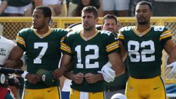 GREEN BAY, WI - SEPTEMBER 24:  Members of the Green Bay Packers stand with arms locked as a sign of unity during the national anthem prior to their game against the Cincinnati Bengals at Lambeau Field on September 24, 2017 in Green Bay, Wisconsin.  (Photo by Dylan Buell/Getty Images)