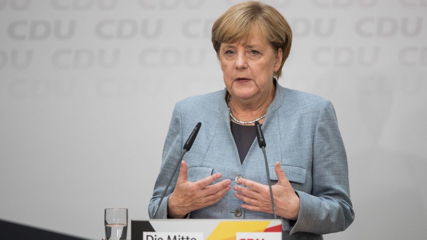 German Chancellor Angela Merkel speaks to the media the day after the CDU won 32.9% of the vote and a first place finish in yesterday's German federal elections on September 25, 2017 in Berlin, Germany.
